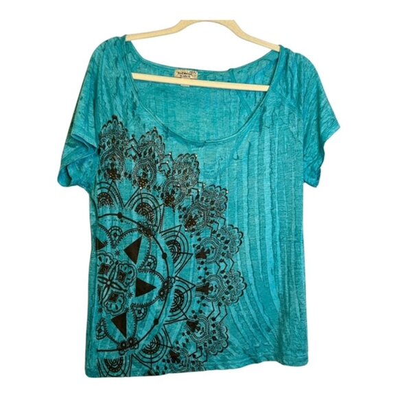 One World Blouse Women's Size XL Aztec Western Sun lightweight Black Blue Green - Picture 1 of 4
